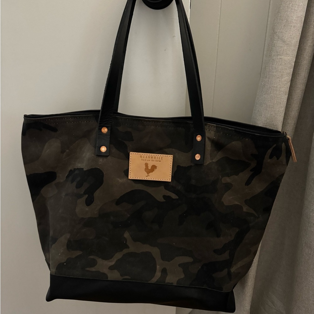 Meanwhile down on the farm adventure tote in gray and black camouflage